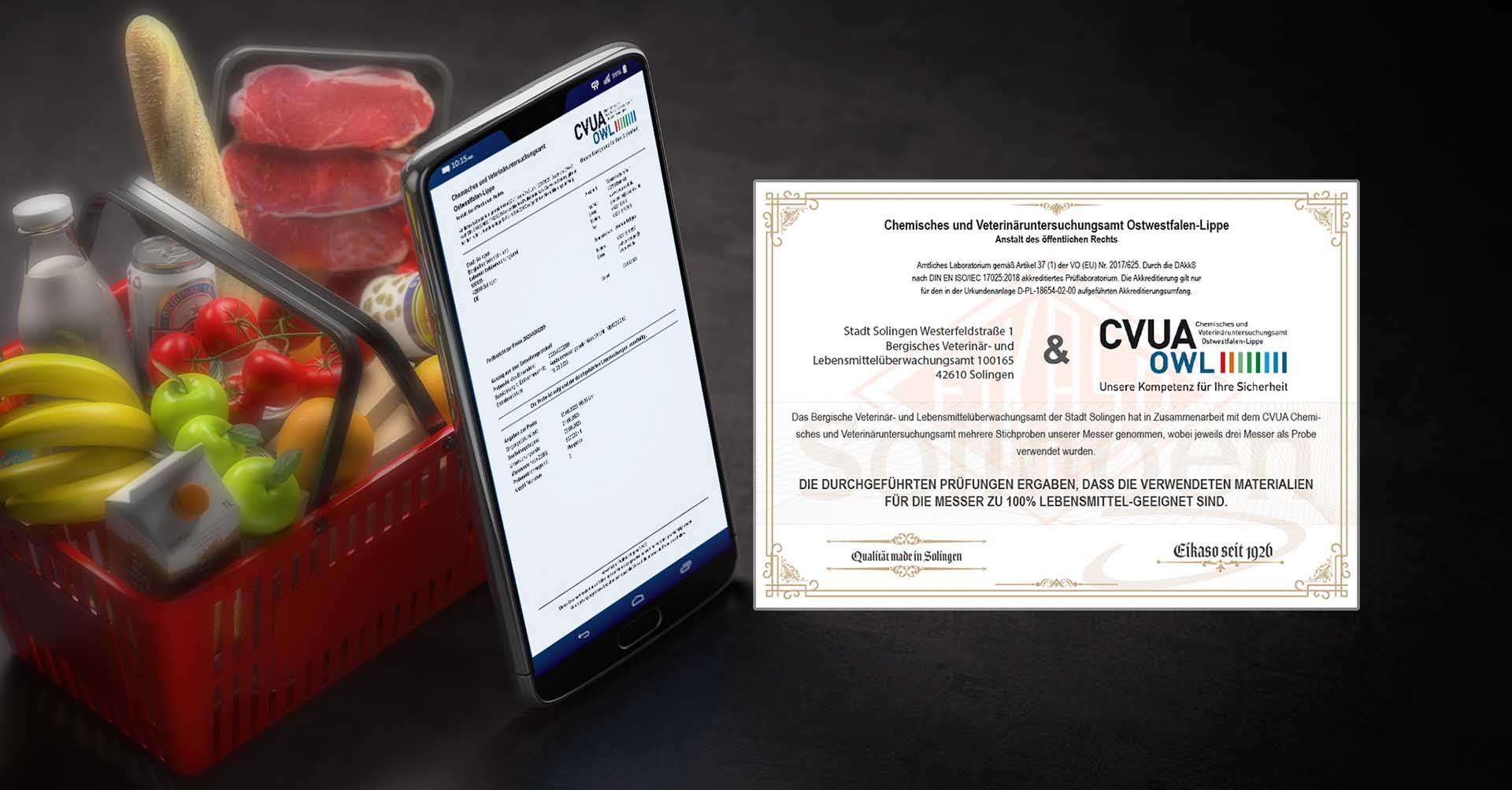 Zugriff auf den Prüfbericht für Lebensmitteltauglichkeit für Eikaso Messer. Zugriff auf den Prüfbericht für Lebensmitteltauglichkeit für Eikaso Messer.